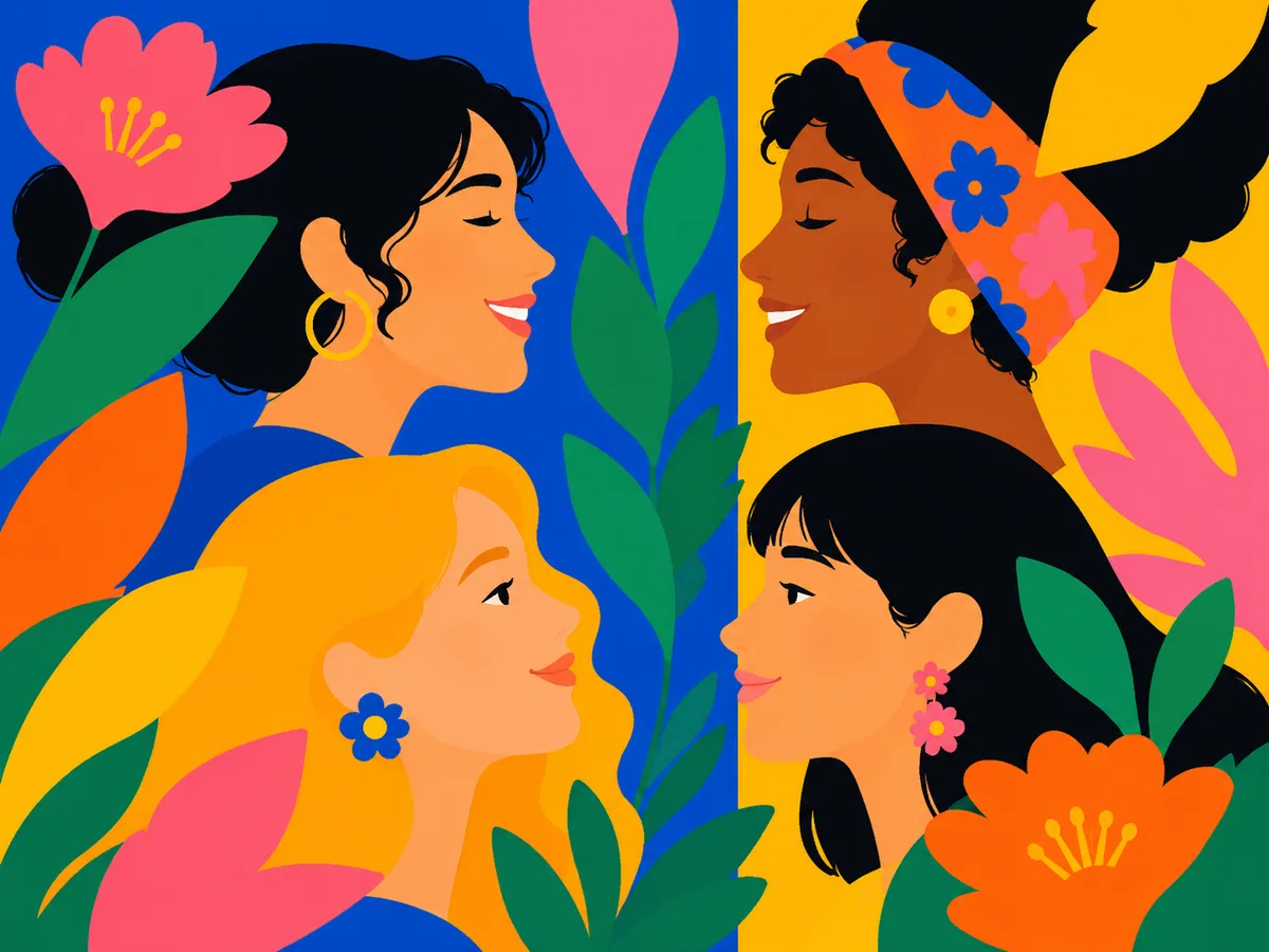 Bold flat illustration of four women among oversized flowers and leaves — the kind of AI artwork designers vectorize