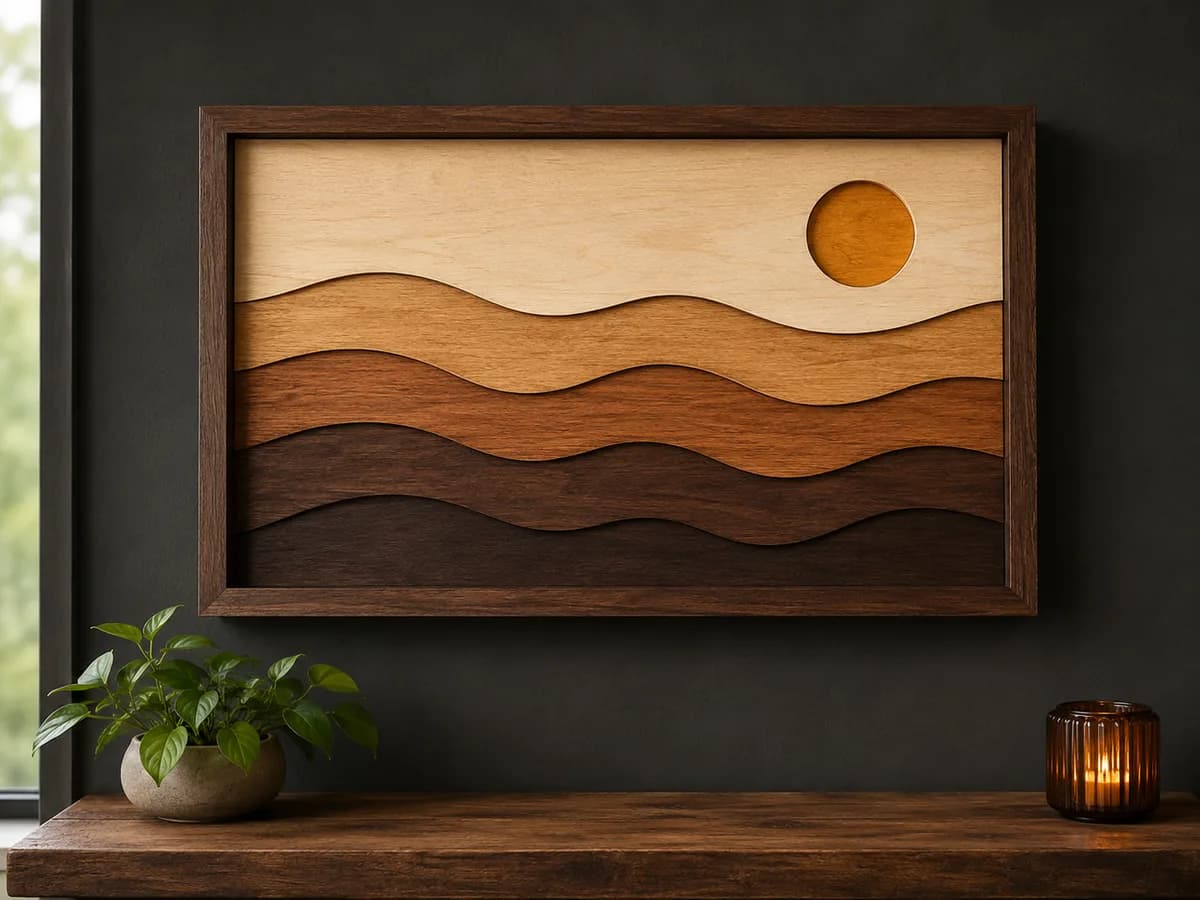 Layered wooden wave wall art hanging above a shelf — a laser-cut make from a vectorized image