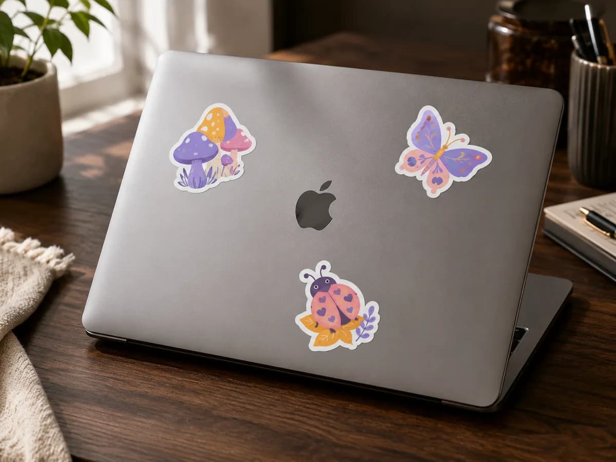 Silver laptop lid decorated with die-cut stickers — artwork applied as vinyl decals
