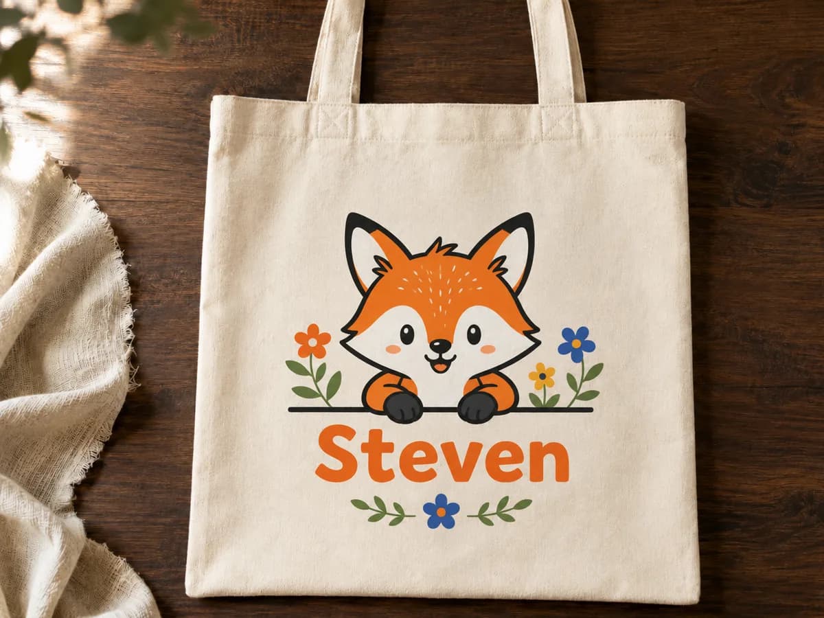 Natural canvas tote with a cute fox design heat-pressed in HTV — a personalized Cricut project